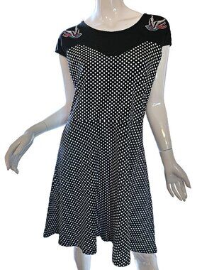 NWT BANJO & CAKE Black & White Polka Dot & Swallow Stretchy Mini Dress Size XL